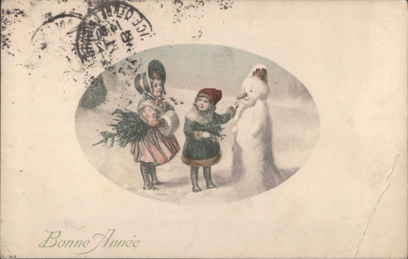 Two Children with Snowman, Bonne Année New Year's Greeting