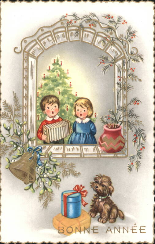 Children with Accordion, Christmas Tree, New Year Greeting