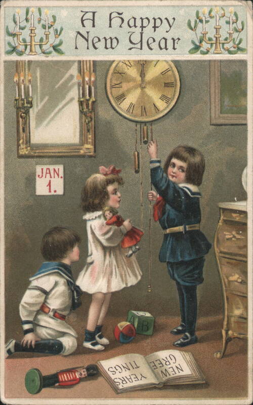 Children with Clock and Toys Celebrating New Year's Day