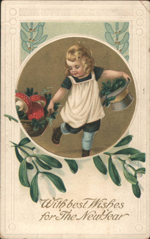 New Year's Child with Mistletoe, Mushrooms, and Hat