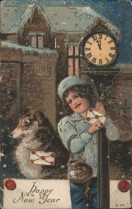 Happy New Year Child with Dog and Clock in Snowy Scene