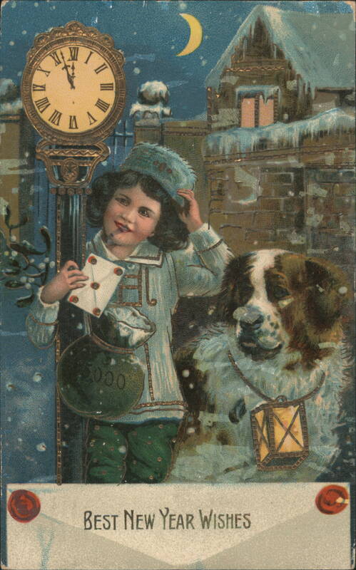 Girl & Saint Bernard Dog with Clock & Snow, Best New Year Wishes