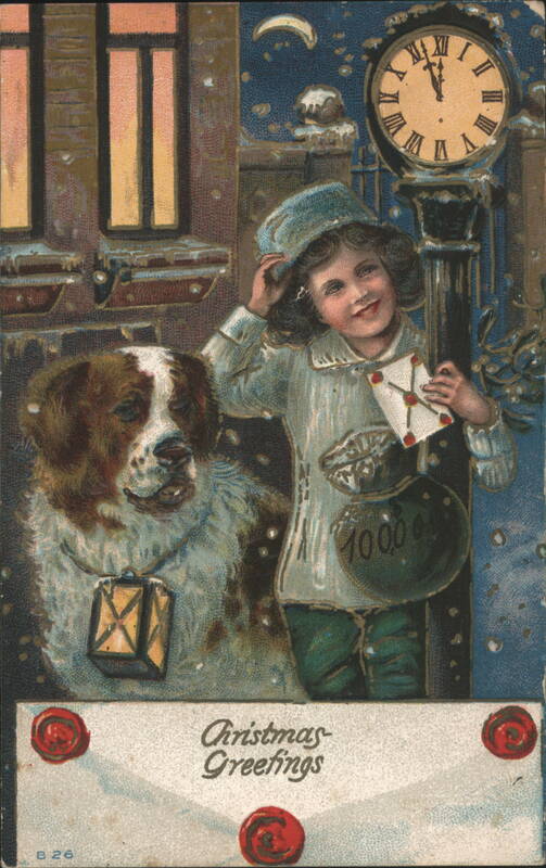 Christmas Greetings Child & Dog in Snow, Clock Nearing Midnight