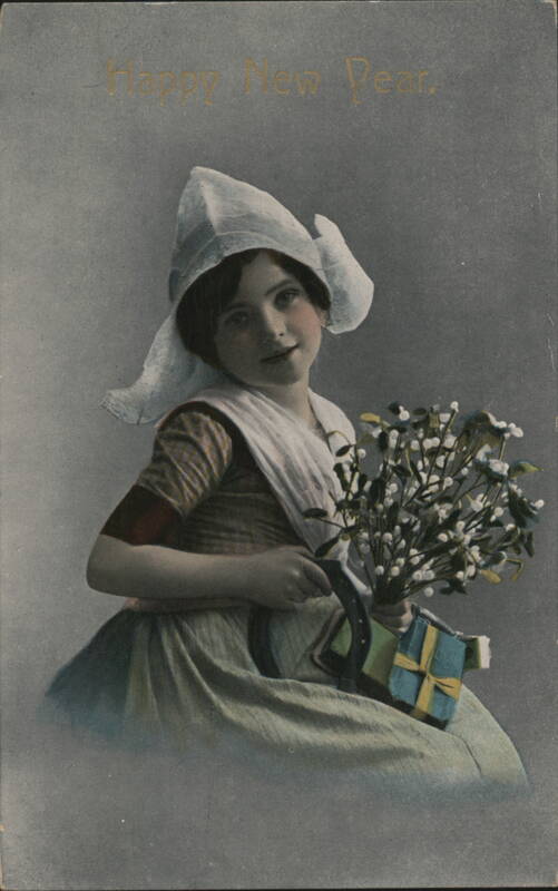 Happy New Year Girl in Dutch Costume with Flowers and Gift