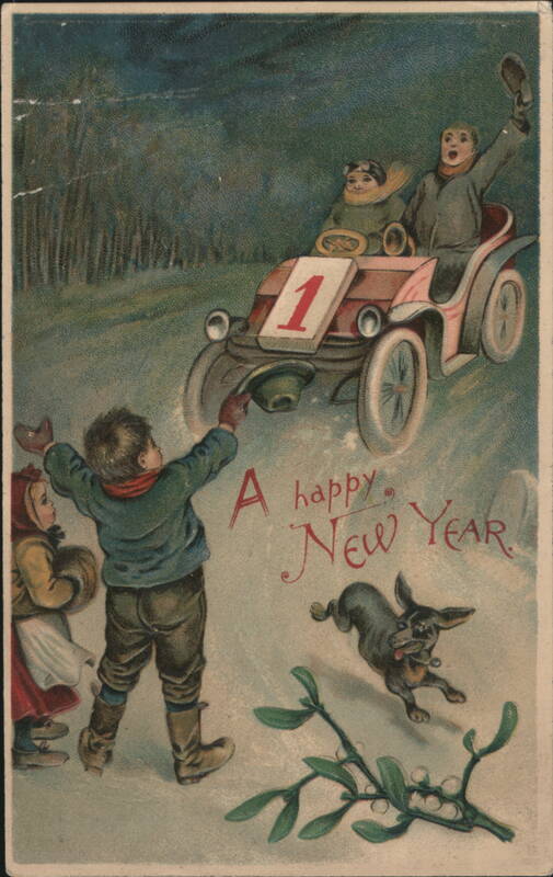 Happy New Year Greeting with Early Automobile, Children, Dog in Snow