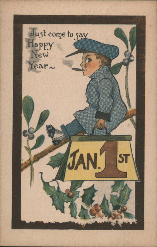Boy Smoking Pipe on Jan 1st Calendar Block New Year Greeting