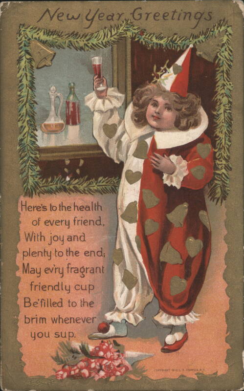 New Year Greetings Clown Child with Toast and Poem