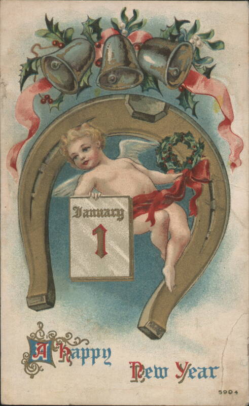 Cherub with January 1 Calendar in Horseshoe, Happy New Year Bells