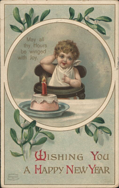 Cherubic Baby in High Chair with Cake and Candle, New Year's Greeting