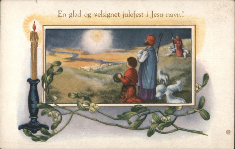 Christmas Shepherds, Bethlehem Star, Mistletoe, Norwegian Greeting