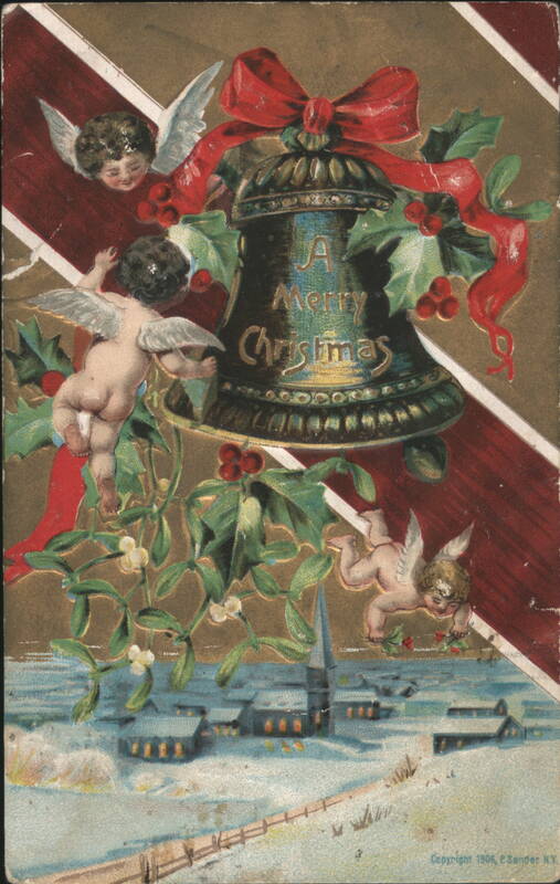Christmas Bell with Cherubs, Holly, and Snowy Village
