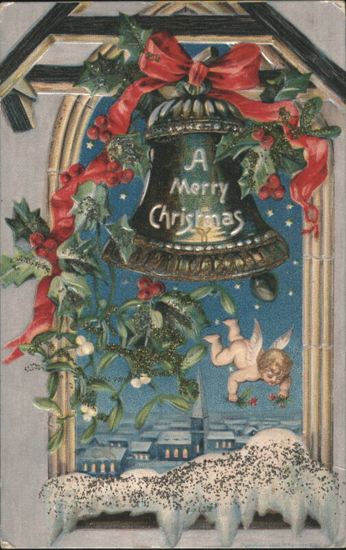 Christmas Bell with Angel, Holly, Ribbons, and Snowy Village