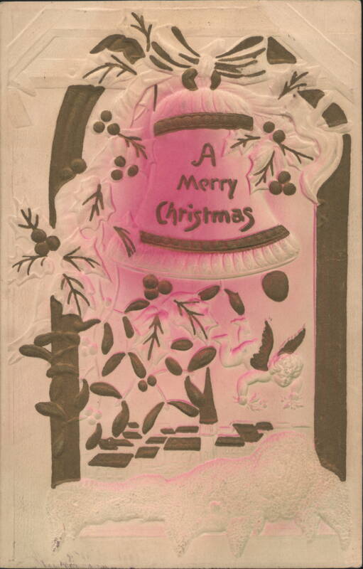 A Merry Christmas Pink Bell, Holly, and Cherub Embossed