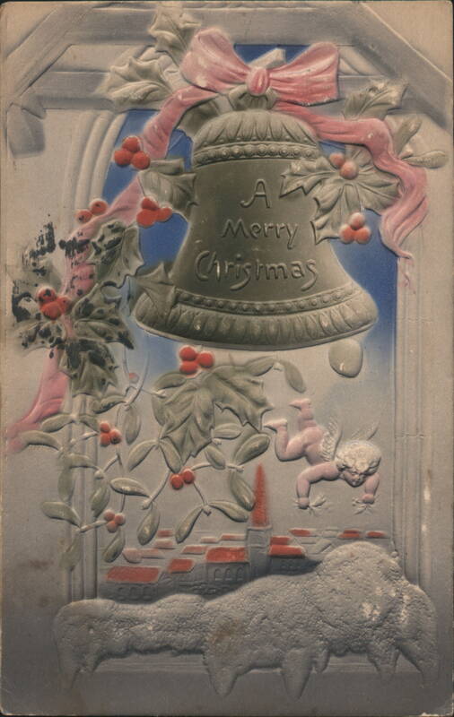 A Merry Christmas Bell with Holly, Berries, Angel, and Snowy Village