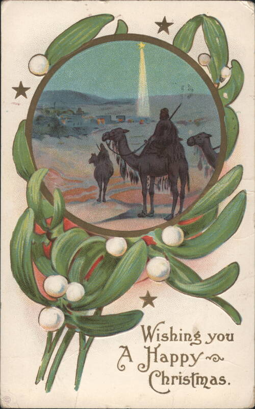 Three Wise Men on Camels Following Star of Bethlehem, Mistletoe Frame