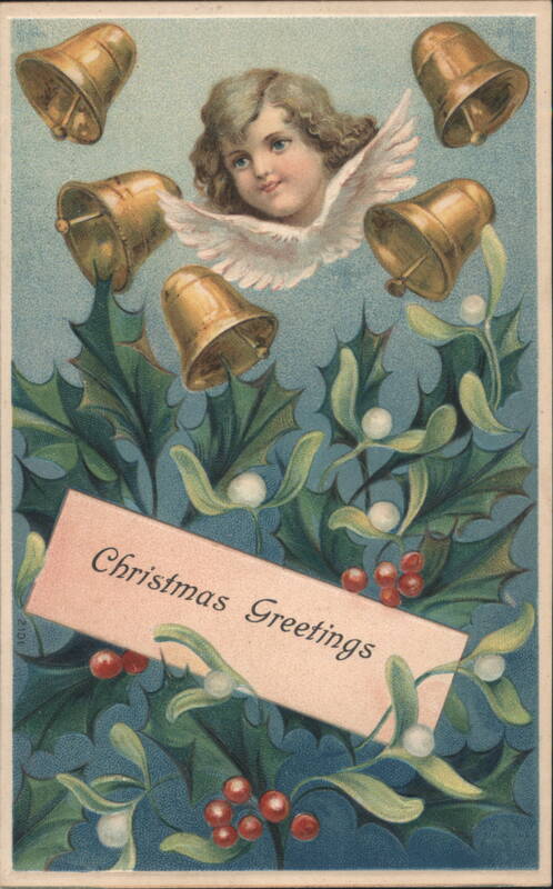 Christmas Greetings Angel Cherub Bells Holly Mistletoe