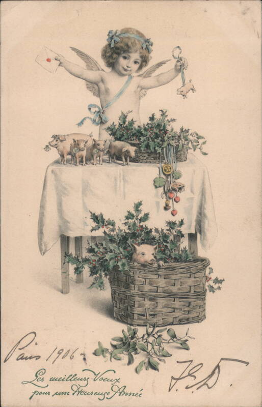1906 New Year's Greeting with Cherub, Lucky Pigs, and Holly