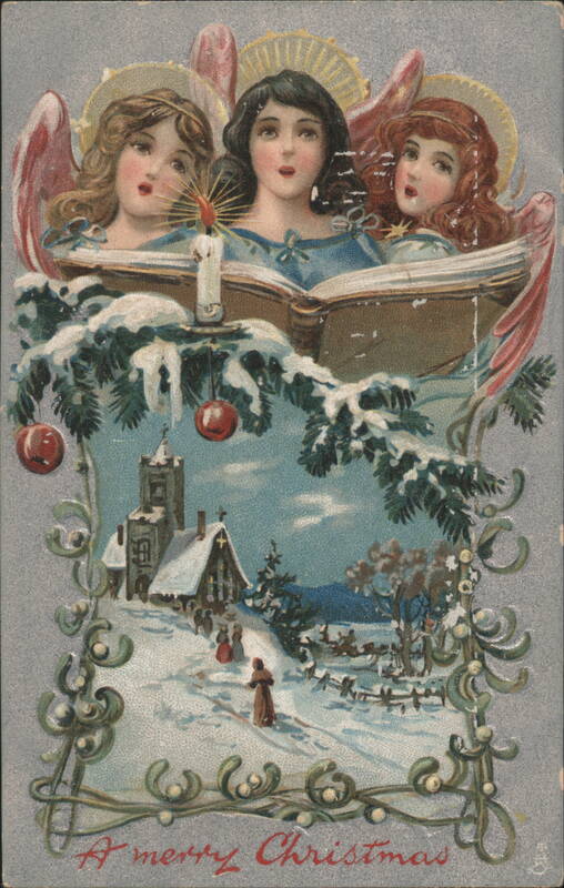 Angels Caroling Over Snowy Village with Church, Christmas Greeting