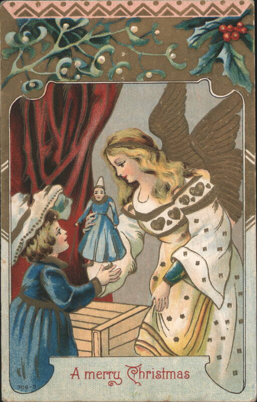 Angel giving a doll to a child for Christmas Angels