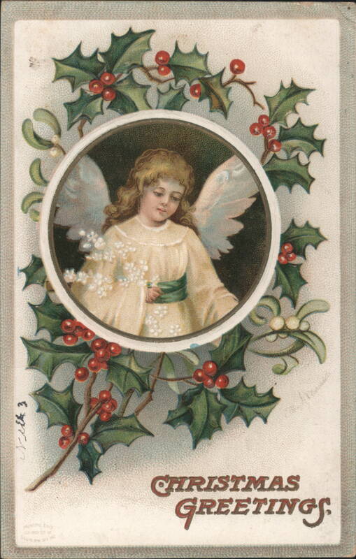 Christmas Greetings Angel in Holly Wreath Ellen Clapsaddle