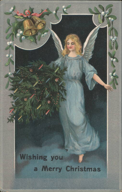 Christmas Angel with Tree, Mistletoe, and Bells, Wishing you a Merry Christmas