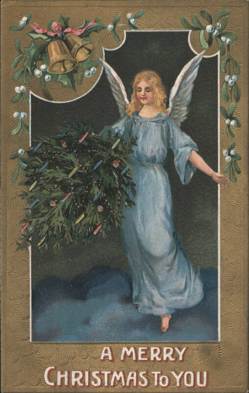Christmas Angel Holding Wreath with Holly and Bells