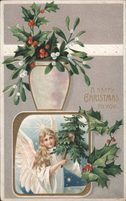 Christmas Angel with Holly and Mistletoe Vase Angels
