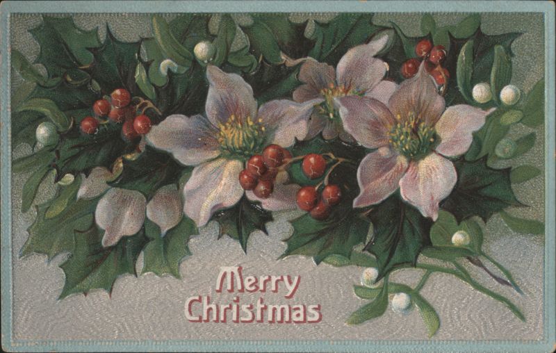 Merry Christmas Greeting with Holly, Mistletoe, and Berries