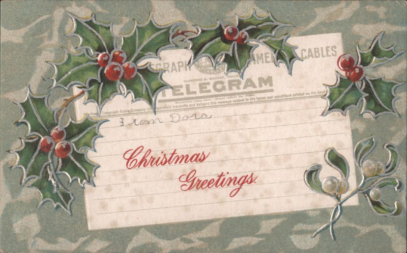 Christmas Greetings Telegram Design with Holly and Mistletoe