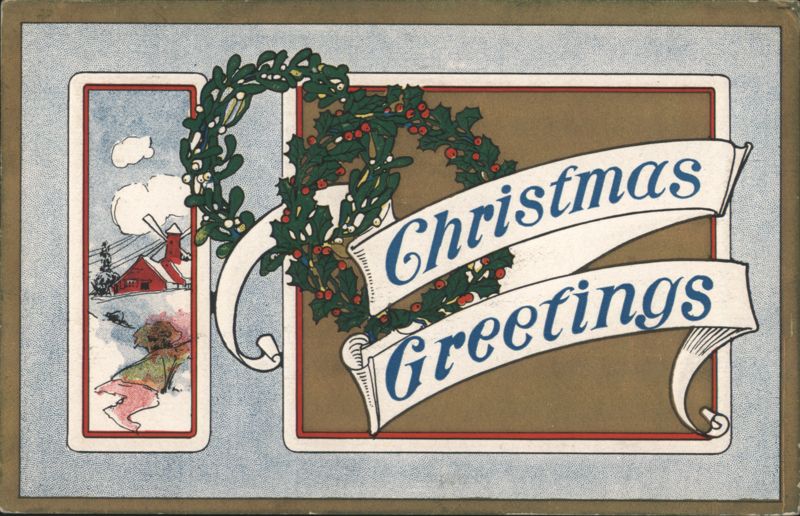 Christmas Greetings Holly Wreath Winter Scene Red House Windmill