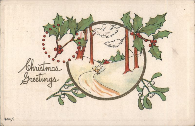 Christmas Greetings Holly Mistletoe Snowy Forest Path Illustration