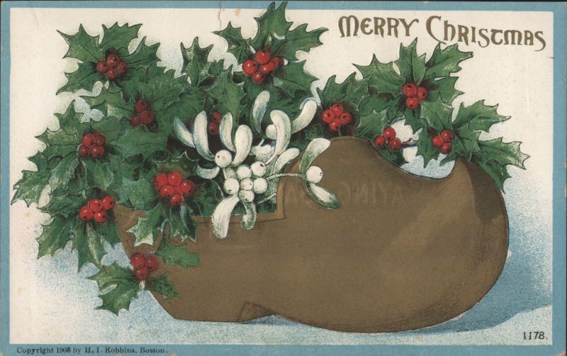 Merry Christmas Holly and Mistletoe in a Slipper