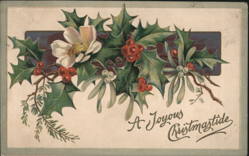 A Joyous Christmastide Holly Mistletoe Berries White Flower