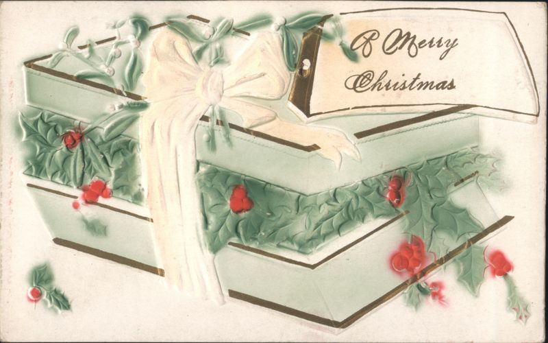 Embossed Christmas Gift Box with White Bow and Holly Berries