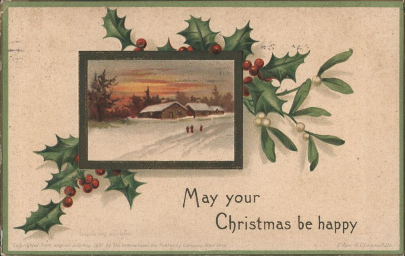 Christmas Greeting with Holly, Mistletoe & Winter Landscape