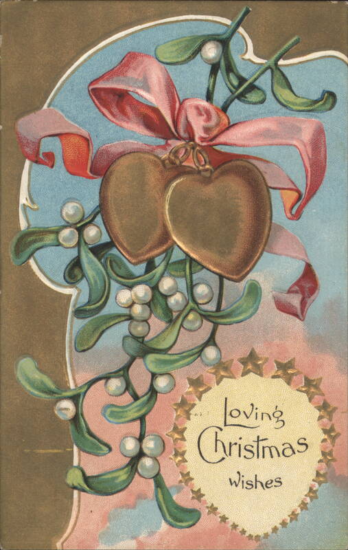 Mistletoe with Golden Hearts and Pink Ribbon, Loving Christmas Wishes