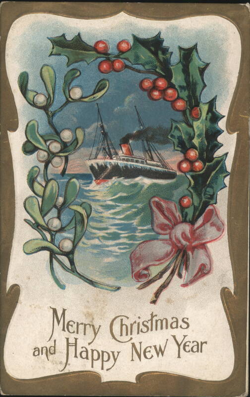 Merry Christmas and Happy New Year Steamship with Holly and Mistletoe