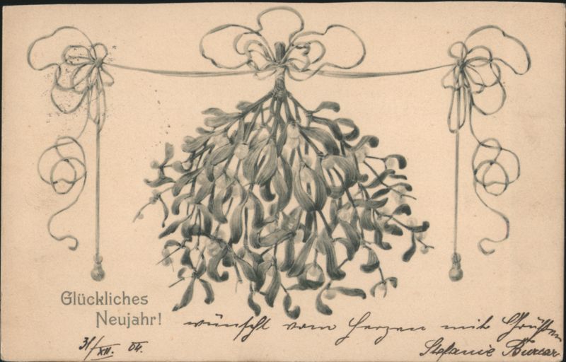 Art Nouveau Mistletoe and Bows, Happy New Year 1904-1905