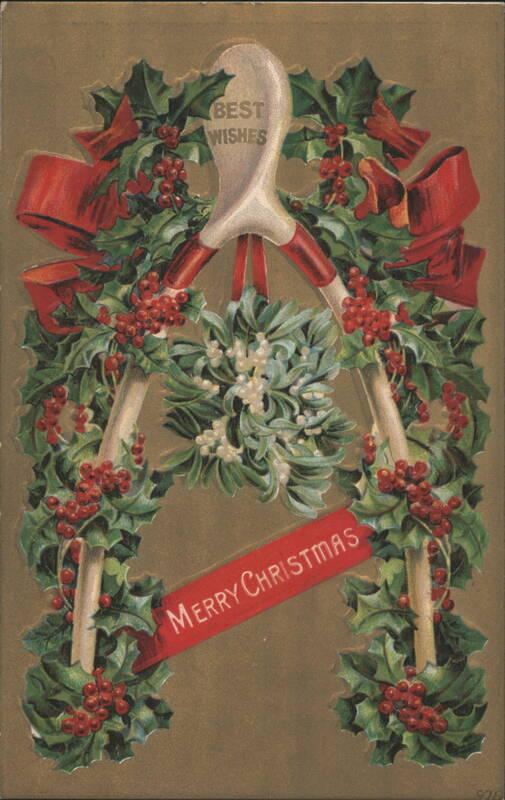 Merry Christmas Wishbone with Holly, Mistletoe, and Red Ribbons