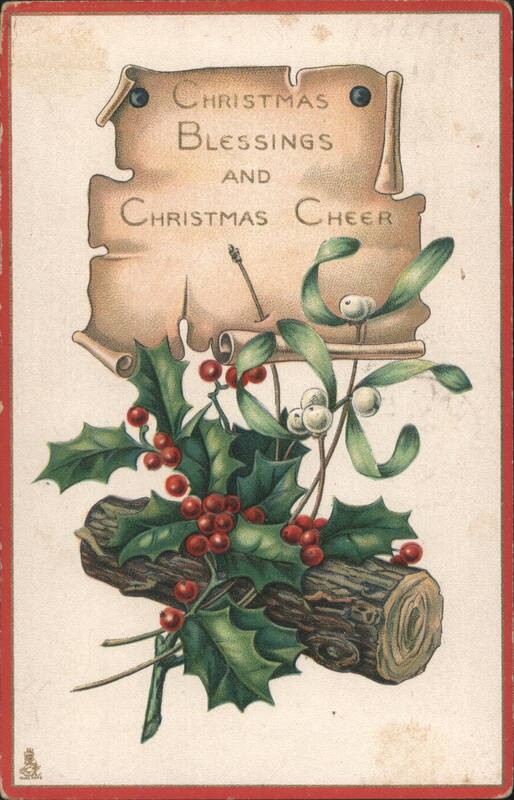 Christmas Blessings & Cheer with Holly, Mistletoe & Log
