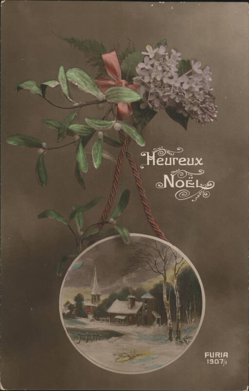 Heureux Noël Mistletoe Lilacs Winter Village Scene