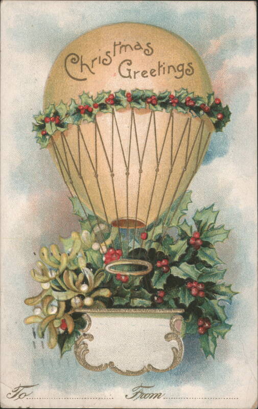 Hot Air Balloon Christmas Greetings with Holly and Mistletoe