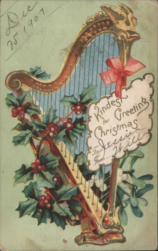 Harp with Holly & Berries, Kindest Christmas Greeting
