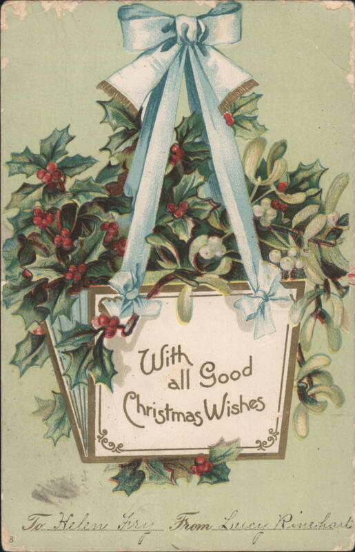 Christmas Wishes with Holly, Mistletoe, and Blue Ribbon Basket