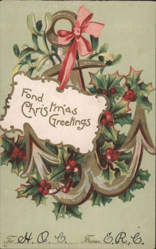 Fond Christmas Greetings Anchor Holly Mistletoe Red Bow