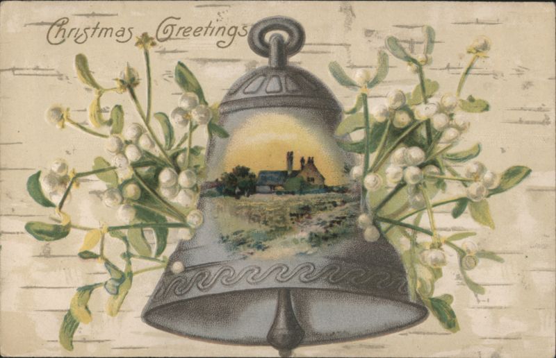 Christmas Greetings Bell with Mistletoe and Winter Landscape