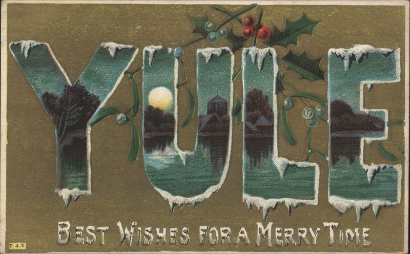 YULE Letters with Winter Scenes, Holly, and Berries Holiday Greeting