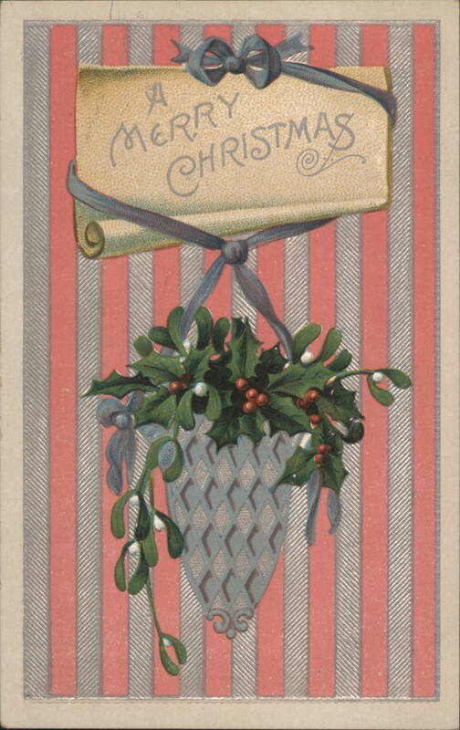 A Merry Christmas Banner with Holly and Mistletoe Basket