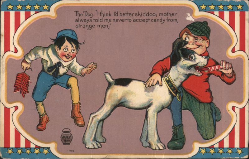 Comic Fourth of July Boys, Dog, Firecrackers, and Candy