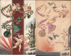 Set of 2: Airbrushed and Original Version Angels w/Holly, Bells, Christmas Banner Postcard